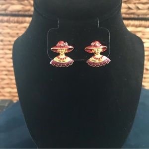 RED HAT SOCIETY-Red Hat Lady Earrings-LIKE NEW-Gold-Tone w/ Purple & Red Enamel